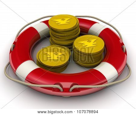The concept of salvation financial savings. Coins with the symbol of the Japanese currency