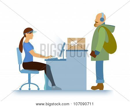 Reception Girl and Customer, supermarket or delivery service