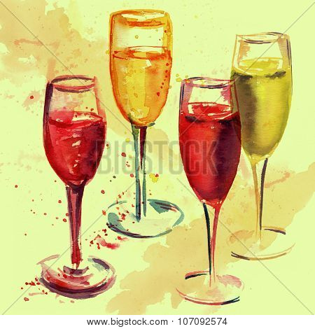 A set of flute glasses with rose and white sparkling wine, watercolor drawing