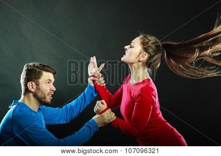 Woman Wife Abusing Scared Man Husband. Violence.