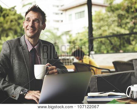 Businessman Working Coffee Shop Cheeerful Busy Concept