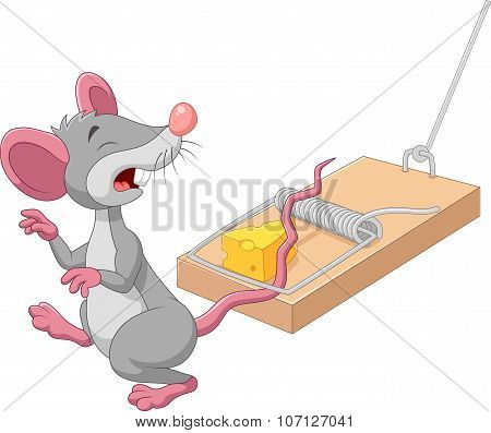 Cartoon mouse in a mousetrap isolated on white background