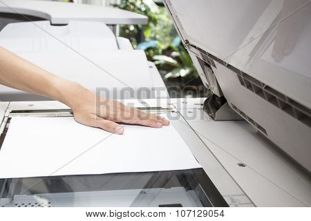 Woman Hands Putting A Sheet Of Paper Into A Copying Device