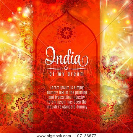 India of my dream. Illustration of India ornaments in orange splash floral background and fireworks