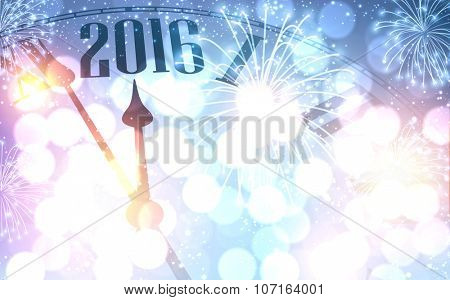 2016 New Year shining background with clock. Vector illustration.