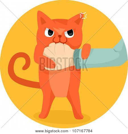 Illustration of a Cute Cat Biting the Hand of a Human