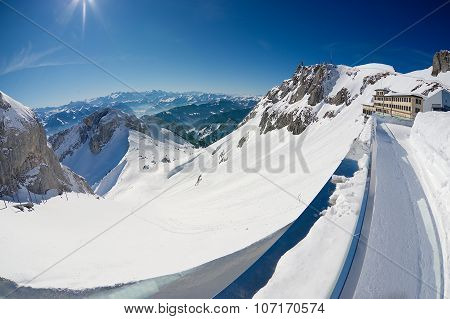 View to the Alps and the Pilatus-Kulm luxury hotel at the top of the Pilatus mountain in Lucern.