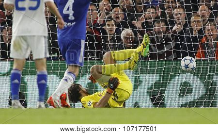 LONDON, ENGLAND - NOVEMBER 04 2015:  goalkeeper Oleksandr Shovkovskiy of Dynamo Kyiv concedes a goal during the UEFA Champions League match between Chelsea and Dynamo Kyiv at Stamford Bridge