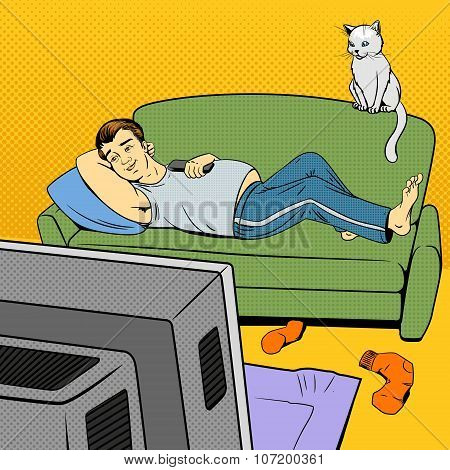 Man lying on couch watching TV comic book style