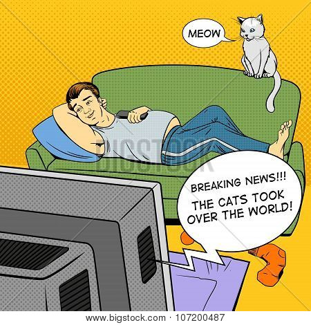 Man lying on couch watching TV comic book style