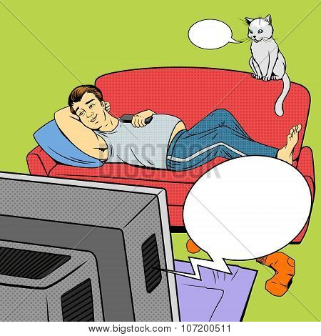 Man lying on couch watching TV comic book style