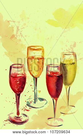 A set of flute glasses with rose and white sparkling wine, watercolor drawing