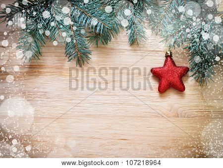 Tree Branches With Star And Snow On Wooden Board
