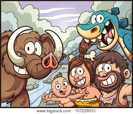 Caveman family taking a selfie. Vector clip art illustration with simple gradients. Some elements on separate layers for easy editing.