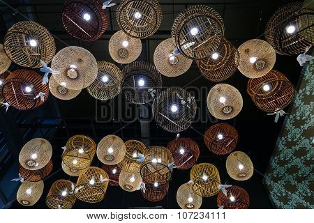 Lantern In Wooden Cage Decoating With Bird Figurine