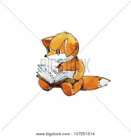 Small fox reading a book. Watercolor and ink illustration.