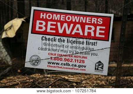 BUTTE, CALIFORNIA - October 27, 2015: Devastation of Forest Land and Public Structures as a result of the Butte CA Fire. 475 residences, 343 outbuildings, 45 structures damaged. Butte, California 
