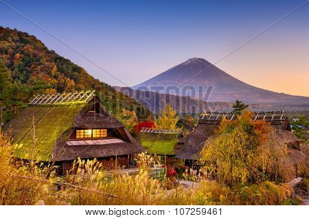Fuji Mountain, Japan and historic village.
