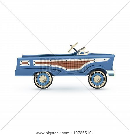 Vintage, old blue toy pedal car.