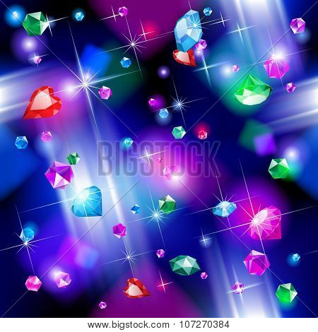 Seamless pattern background of falling full color bright diamonds. Jewelry concept background. Vector illustration