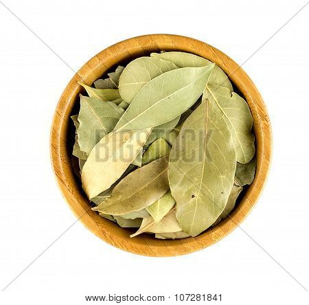 Aerial View Of Dried Bay Leaves In A Bowl Isolated On White