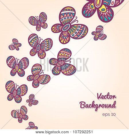 Colorful Ornate Butterflies On The Light Background.