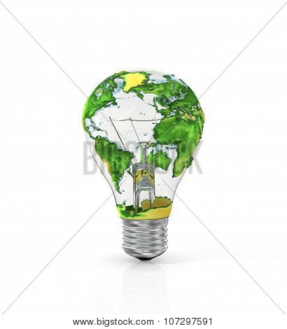 Concept Of Energy Resource. Light Bulb With Planet Earth Isolated On White Background.