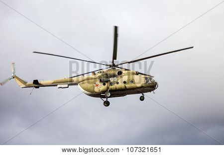 Russian Army Mi-8 Helicopter In Action Against Cloudy Sky