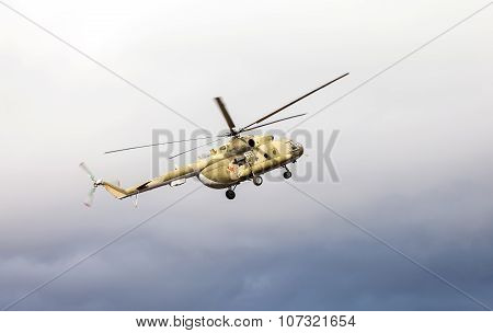 Russian Army Mi-8 Helicopter In Action Against Cloudy Sky