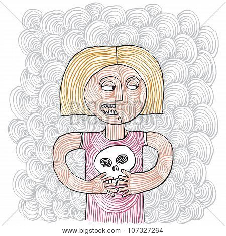 Hand-drawn Angry Girl Holding A Cranium.