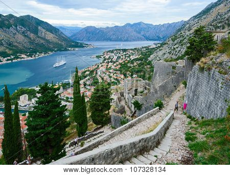 The Ancient Fortress Walls Above Kotor And Bay Of Kotor, Montenegro