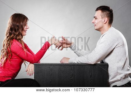 Man And Woman First Date. Handshake Greeting.