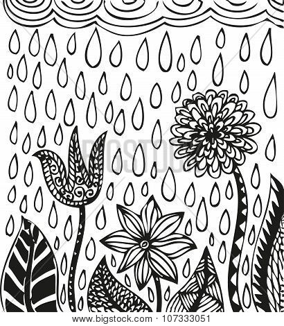 Doodling hand drawn flowers like aster, bellflower, dahlia and patterns