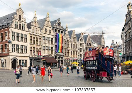 Tourists In A Horsecar Downtown In The Medieval City Antwerp