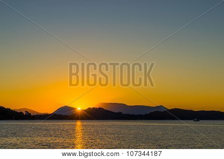 Sunrise on the bay of Nidri in Lefkas island Greece