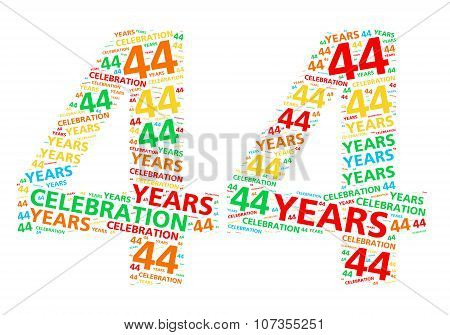Colorful word cloud for celebrating a 44 year birthday or anniversary