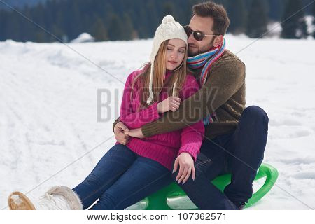 portrait of happy young romantic tourist  couple outdoor in nature at winter vacation