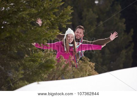 portrait of happy young romantic tourist  couple outdoor in nature at winter vacation