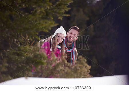portrait of happy young romantic tourist  couple outdoor in nature at winter vacation