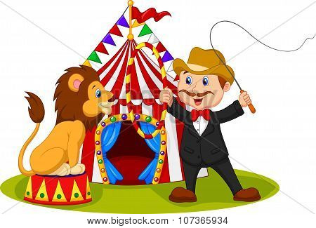 Cartoon lion sitting with circus tent background
