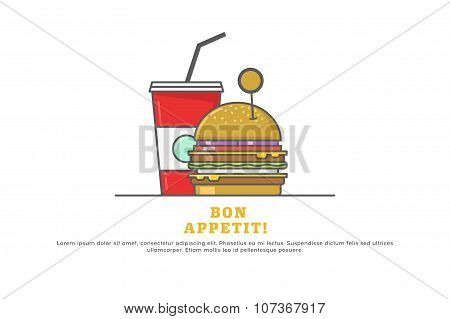 Line Icons With Hamburger And Soda. Stock Vector.