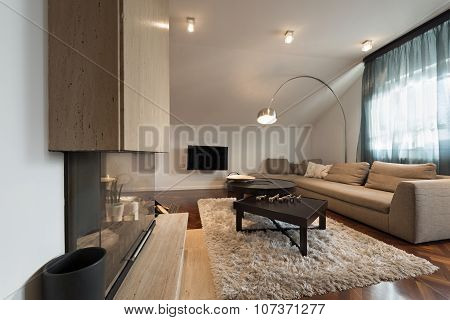 Interior Of Loft Apartment - Living Room With Fireplace