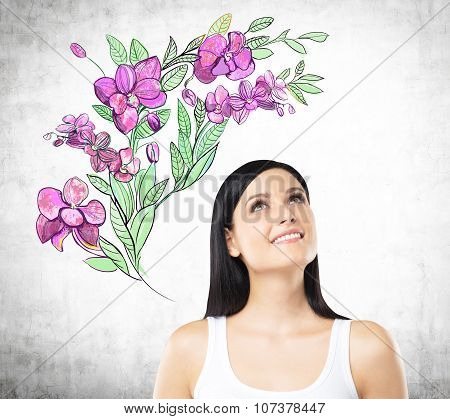 An Inspired Woman Is Dreaming About Summer Flowers. The Sketch Of Purple Flowers Is Drawn On The Con