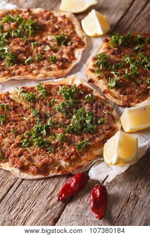 Turkish Lahmacun Closeup On A Wooden Table. Vertical