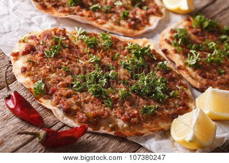 Turkish Pizza With Meat - Lahmacun Macro On The Table. Horizontal