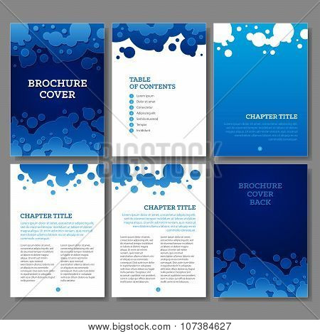 Cover, table of contents and 3 internal pages blue water circles brochure design