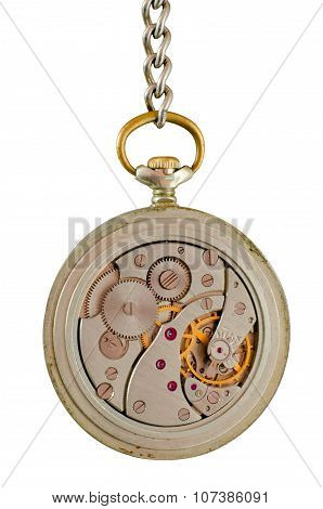 Mechanism Of Old Pocket Watch On A Chain