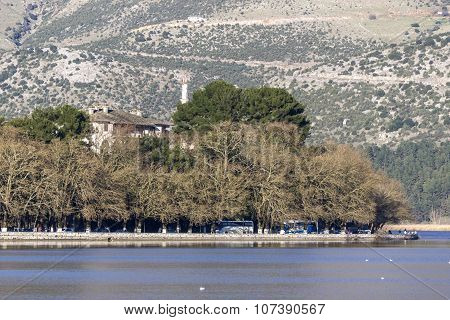 Ioannina town and Lake Ioannina and Pindus Mountains, Epirus, Greece