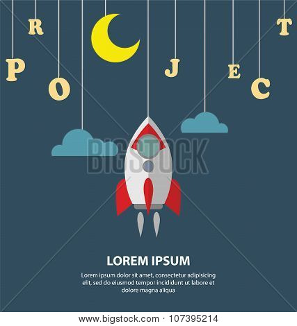Project And Rocket Hanging On The Ropes Of New Business Project
