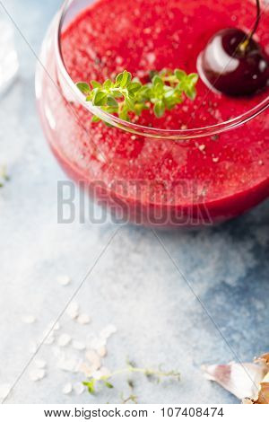 Cherry cold soup, gaspacho, gazpacho, smoothie in a glass